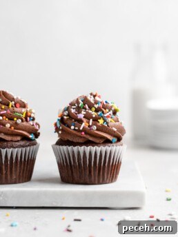 These Chocolate Cupcakes are moist and fluffy, and jam-packed with rich chocolate flavor! Topped with a rich, buttery chocolate buttercream. Super simple, quick, and easy chocolate cupcake recipe!