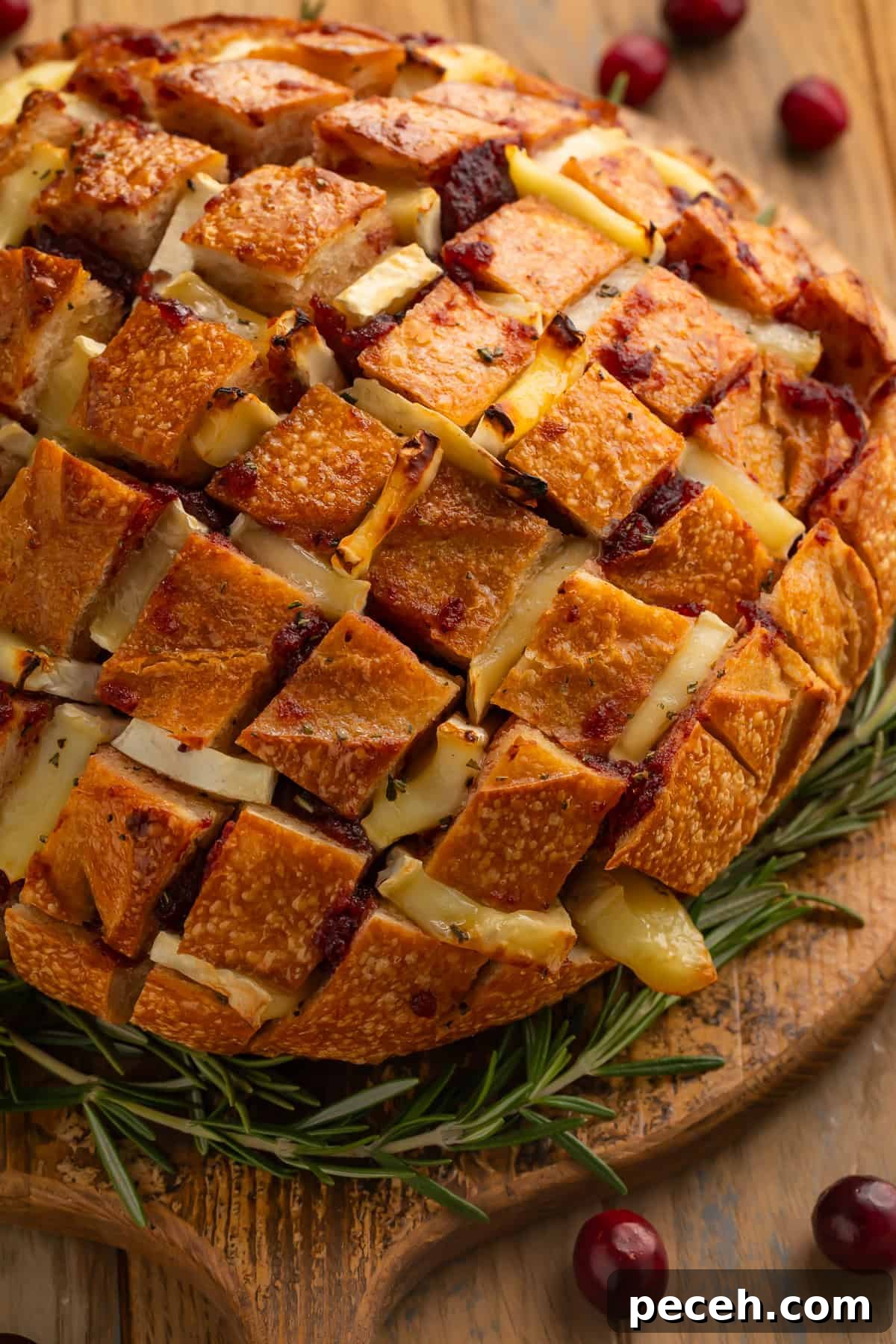 Cranberry and Brie Pull-Apart Bread 4 A side-on view of a baked brie pull apart bread with cranberries and rosemary.