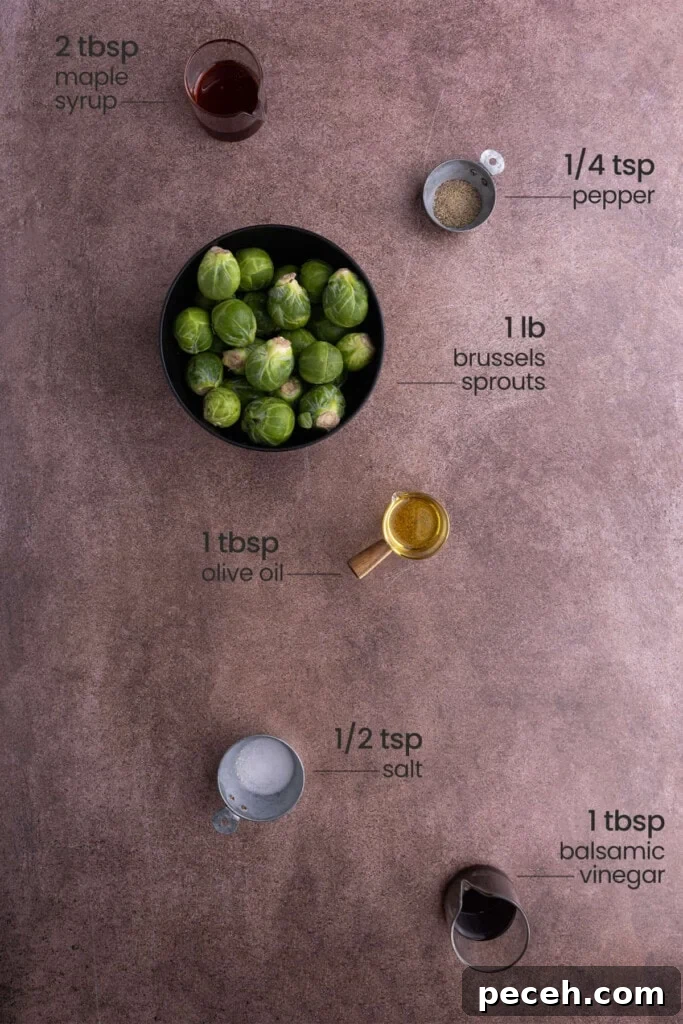 Maple-Balsamic Roasted Brussels Sprouts Recipe for Fall sides 3 Maple Balsamic Brussels Sprouts ingredients including maple syrup, pepper, brussels sprouts, olive oil, salt, and balsamic vinegar