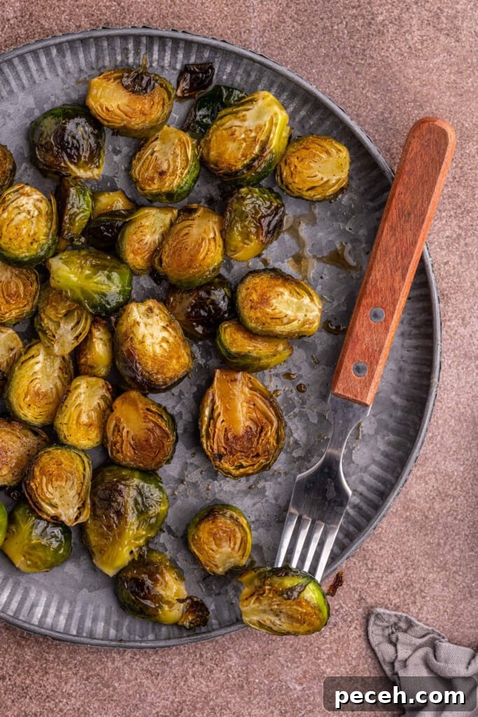 Maple-Balsamic Roasted Brussels Sprouts Recipe for Fall sides 10 Overhead shot of Maple Balsamic Brussels Sprouts
