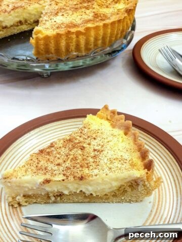 A slice of milk tart on a plate.