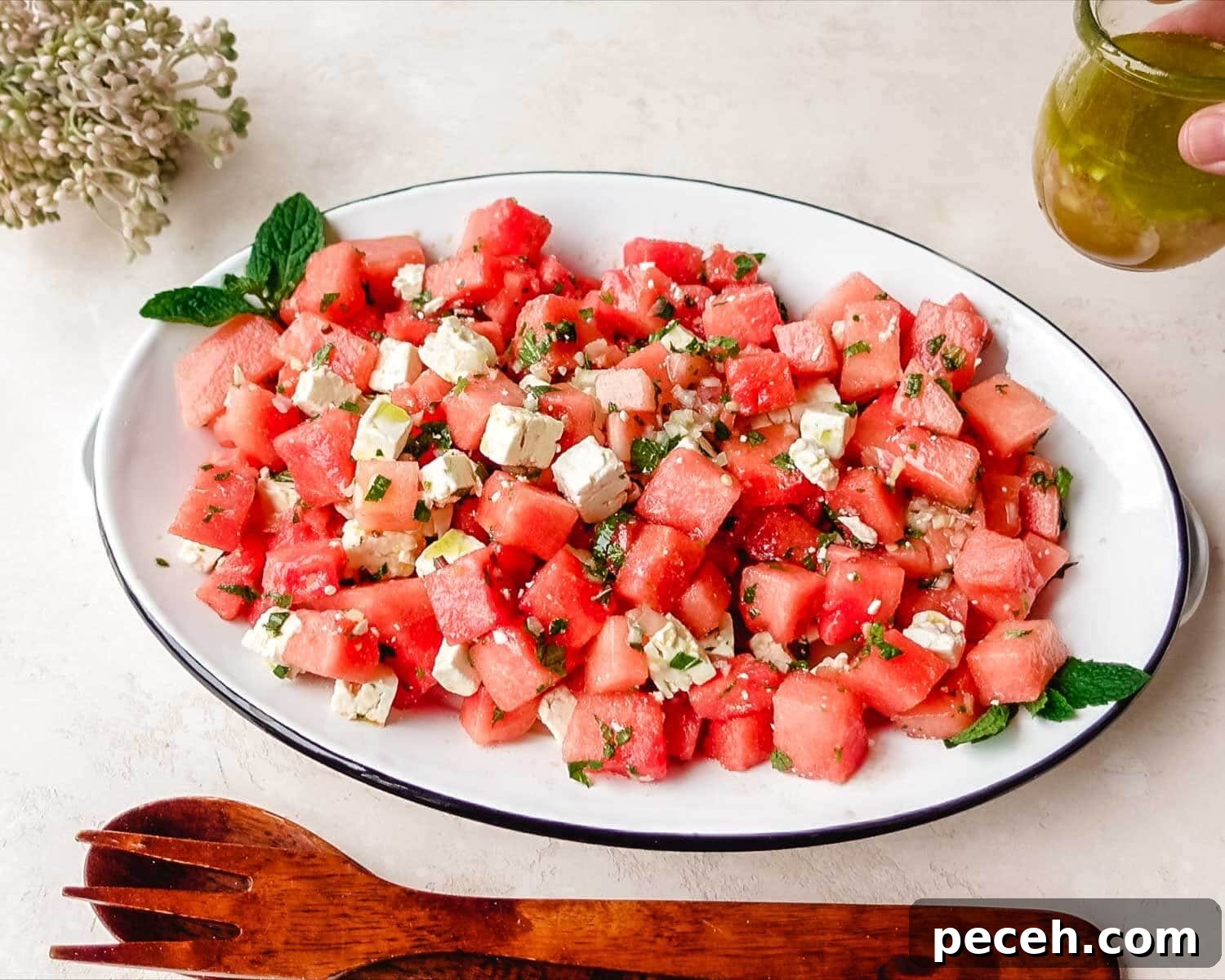 Watermelon mint feta salad on a serving platter.