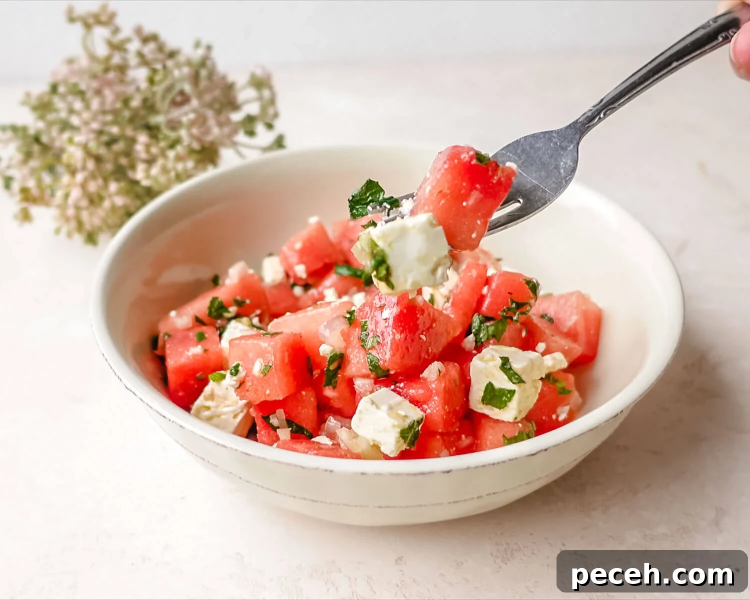 Taking a forkful of watermelon feta salad with mint.