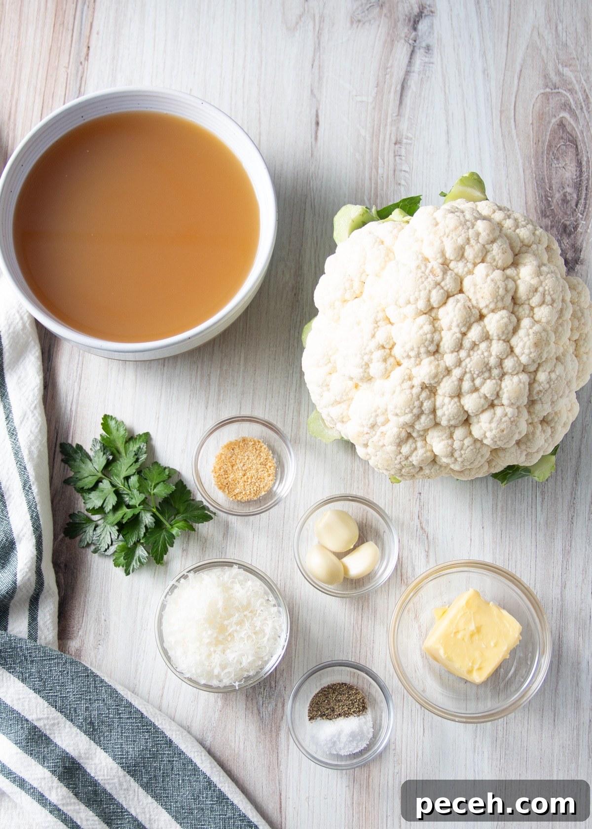 Smoked Cauliflower Recipe: Tender, Smoky Vegetable Side Dish 8 Picture of recipe ingredients in individual bowls.