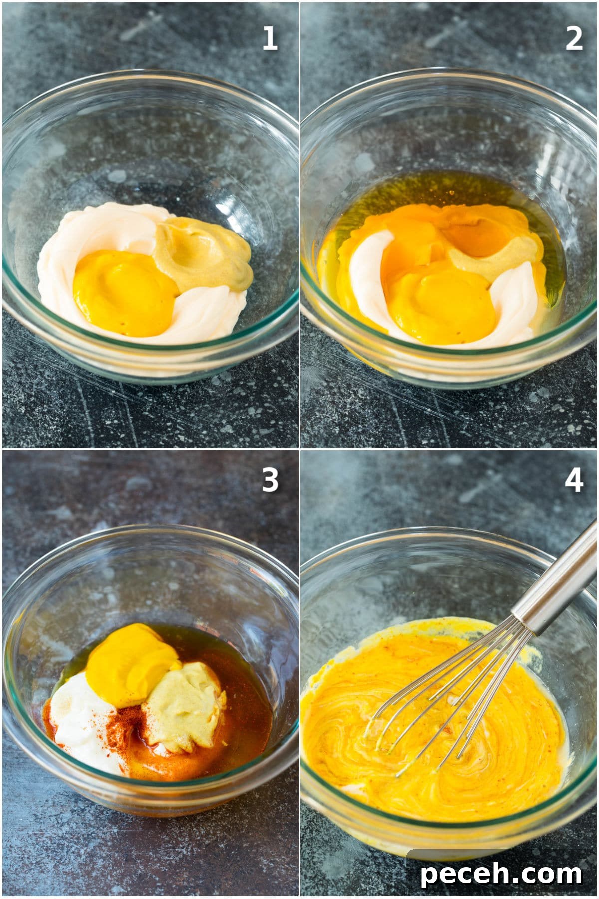Homemade Honey Mustard Sauce Recipe for Dipping and Dressing 3 Process shots of ingredients going into a bowl and being whisked together.