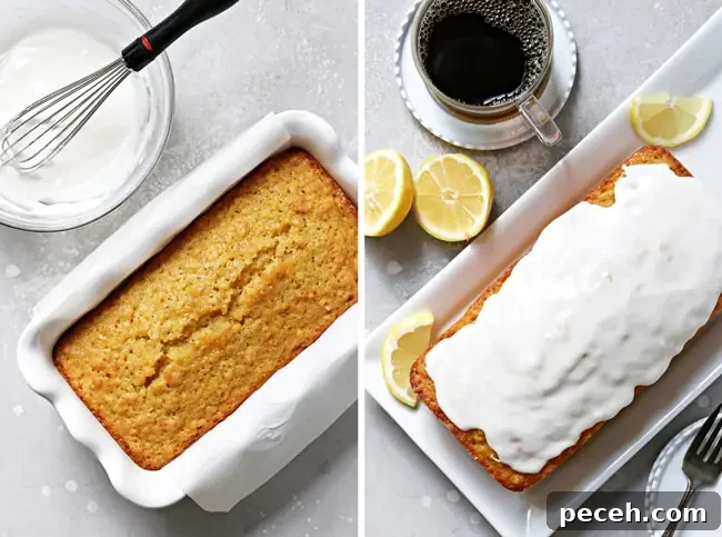 Dairy-Free Lemon Drizzle Cake Recipe — Zesty Moist Loaf 4 A whole cake unfrosted and then frosted.