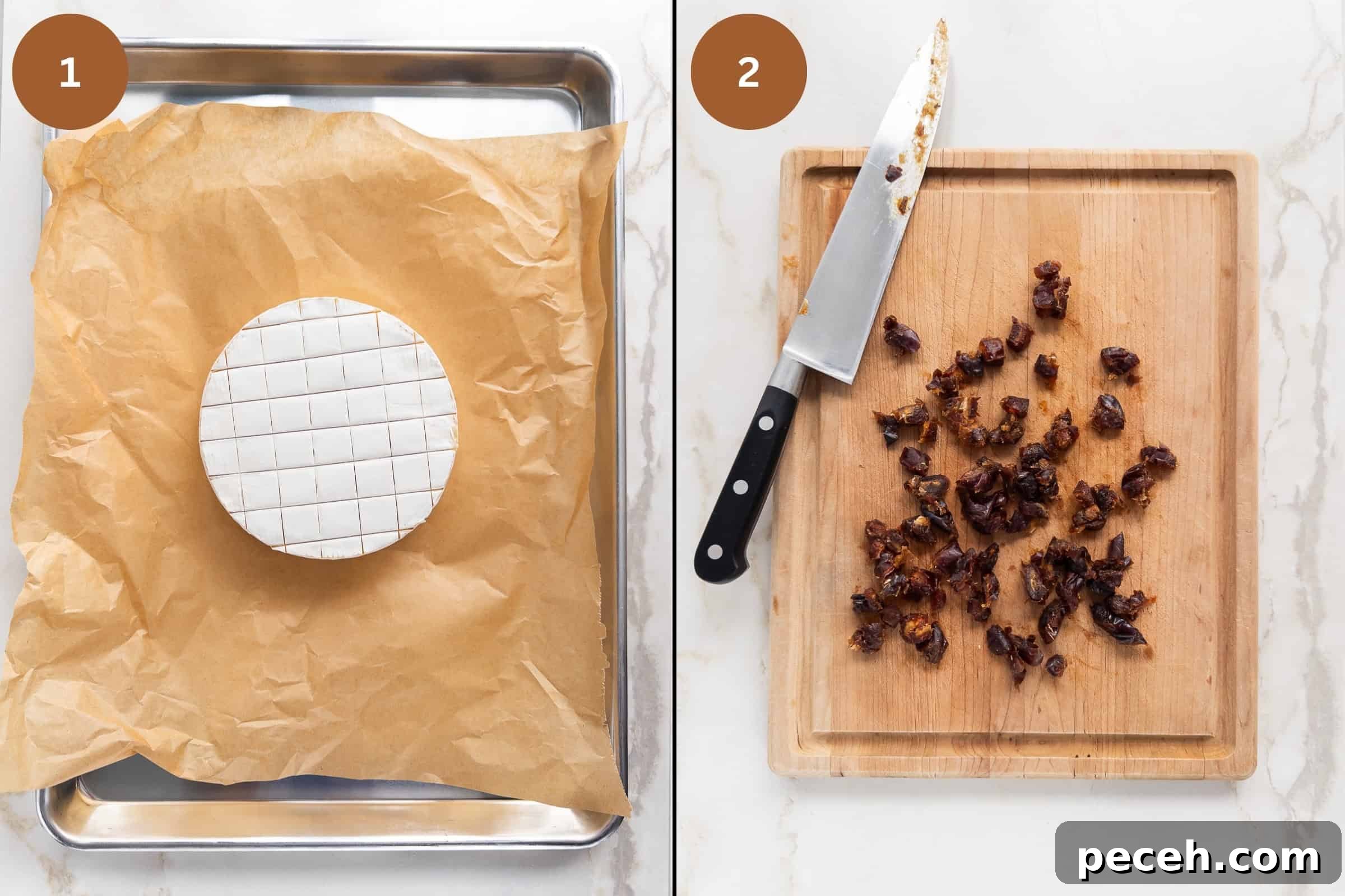 Baked Brie with Caramelized Dates and Toasted Walnuts 4 Step 1 and 2 for making Baked Brie.