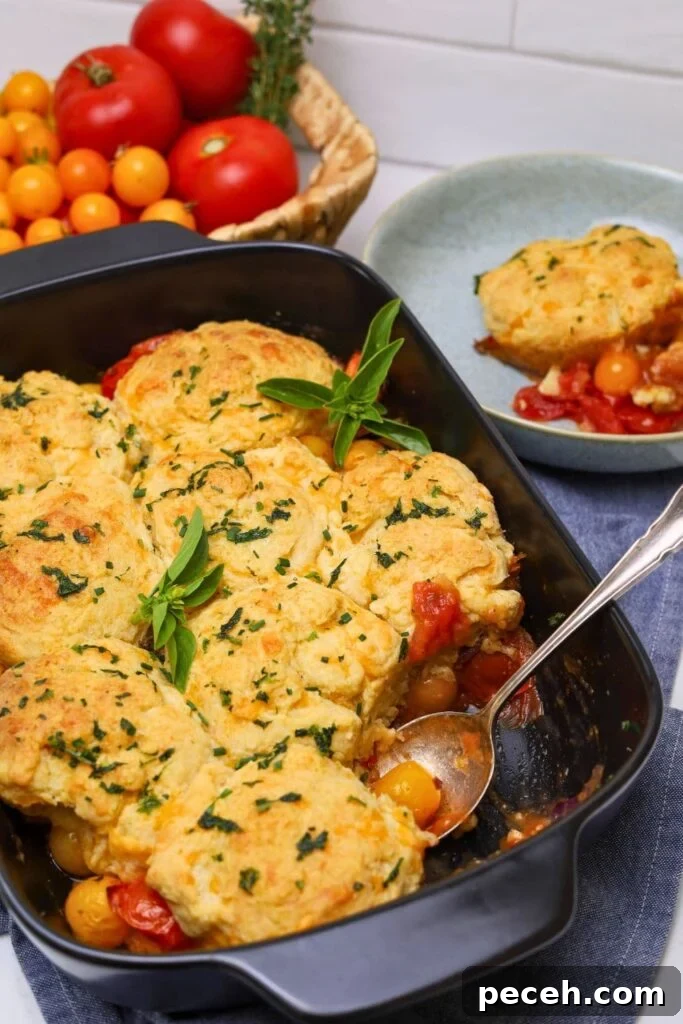 A black baking dish with sourdough tomato cobbler topped with fresh garlic and herb butter. There is a basket of red and yellow tomatoes in the background.
