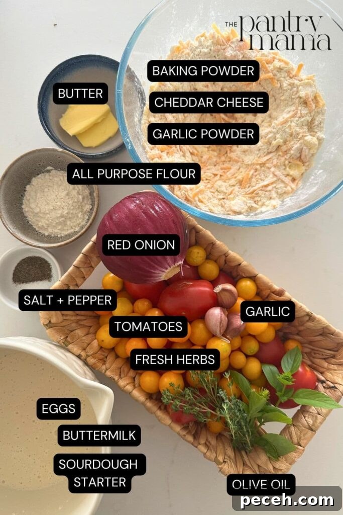 Flat lay of ingredients necessary to make a sourdough tomato cobbler.