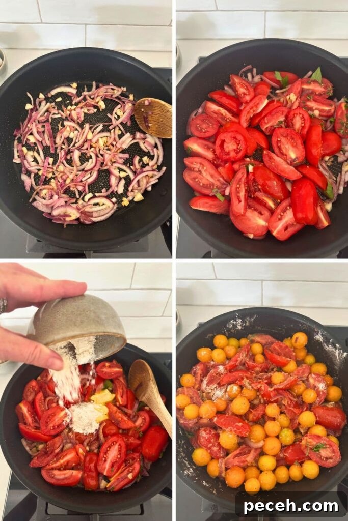 4 process photos showing cooking down the onions, tomatoes and adding the flour to thicken the sourdough tomato cobbler base mixture.