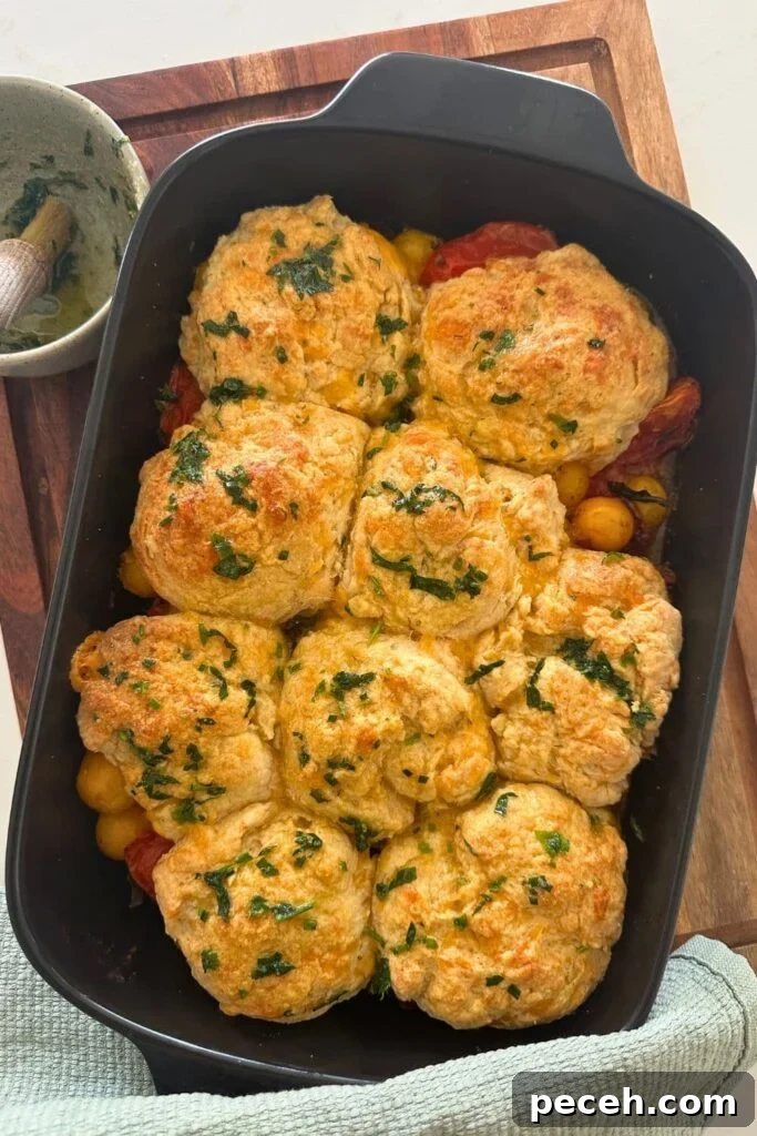 Sourdough tomato cobbler that has been baked until golden brown and topped with garlic and herb butter.