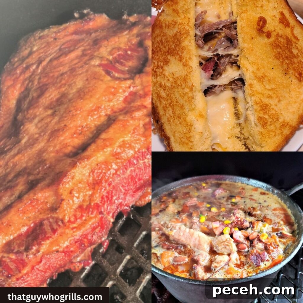 Collage of Smoked Brisket on pit boss grill, smoked brisket chili on smoker, and brisket grilled cheese being opened