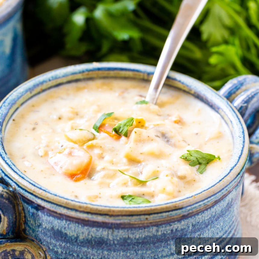 Creamy Slow Cooker Chicken and Wild Rice Soup Recipe 2 Creamy Chicken Soup in a blue bowl.
