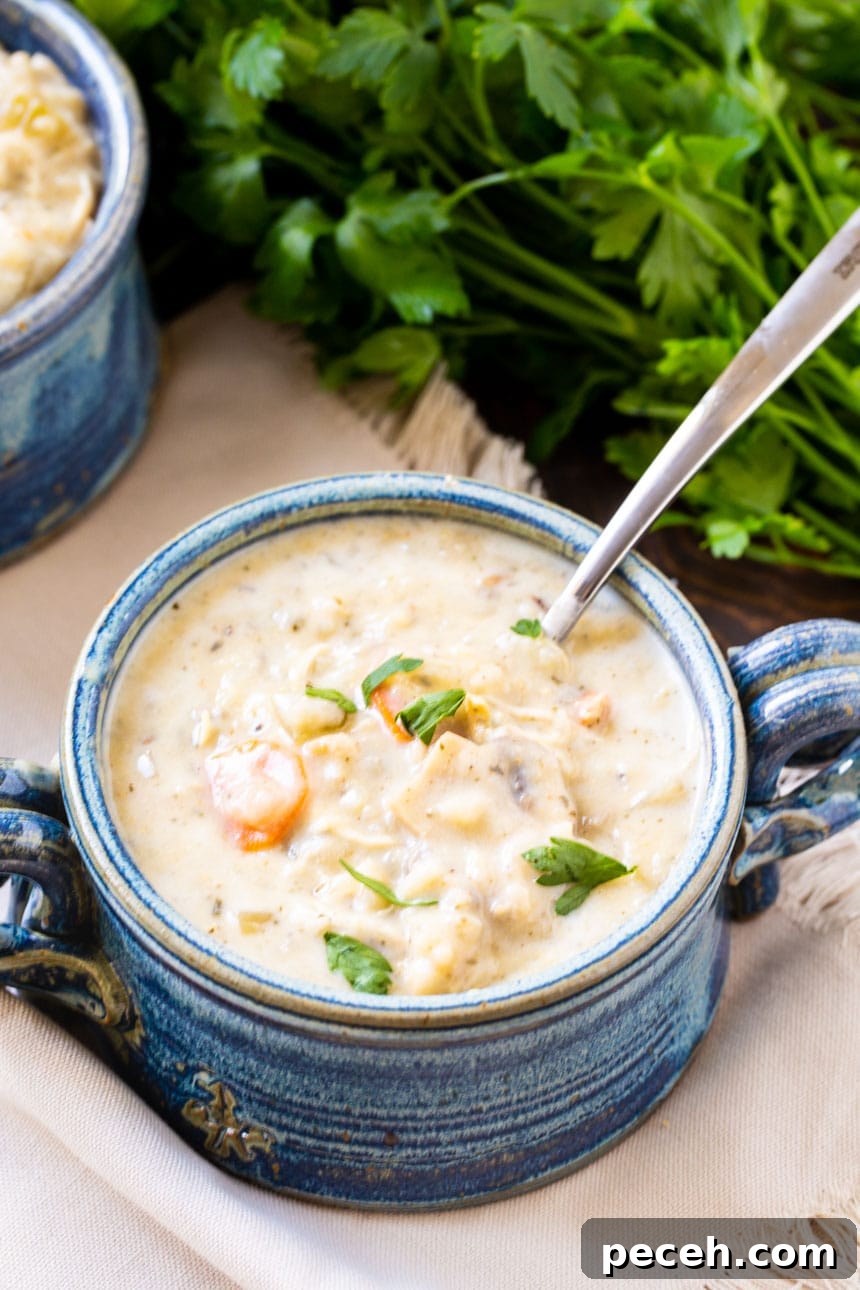 Creamy Slow Cooker Chicken and Wild Rice Soup Recipe 4 Bowl of soup with bunch of parsley next to it.