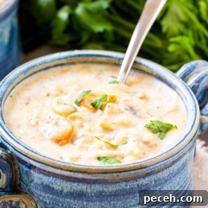 Creamy Slow Cooker Chicken and Wild Rice Soup Recipe 5 Creamy Chicken Soup in a blue bowl.