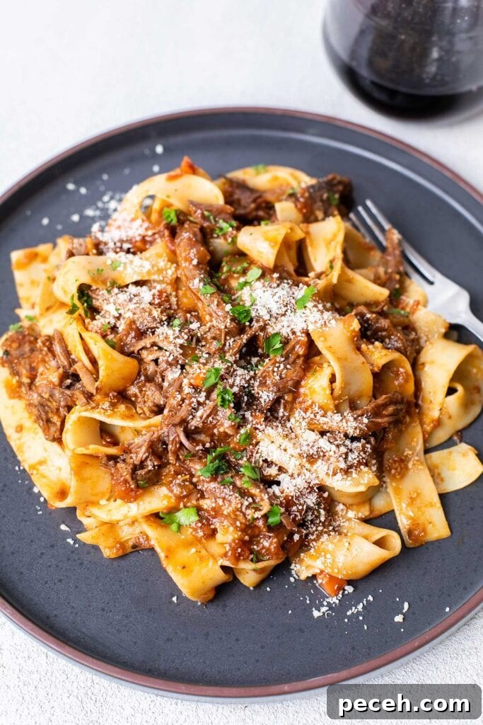 Braised Beef Short Rib Ragu Recipe — Slow-Cooked Italian Comfort 12 The short rib ragu tossed with pasta, shown garnished with parsley and parmesan cheese.