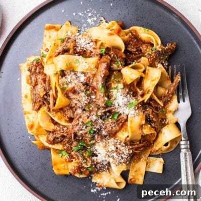 Braised Beef Short Rib Ragu Recipe — Slow-Cooked Italian Comfort 13 A black plate with a serving of pappardelle pasta tossed with beef short rib ragu.