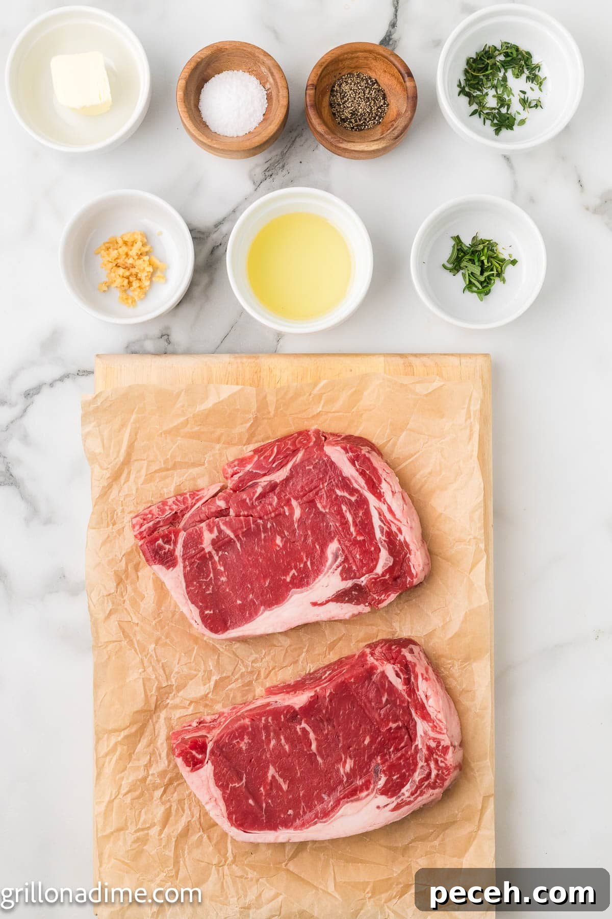 Perfect Cast-Iron Steak: Searing Tips for Juicy, Flavorful Results 3 Ingredients needed for cast iron steak - ribeye steak, avocado oil, salt, pepper, garlic, fresh rosemary, fresh thyme, butter
