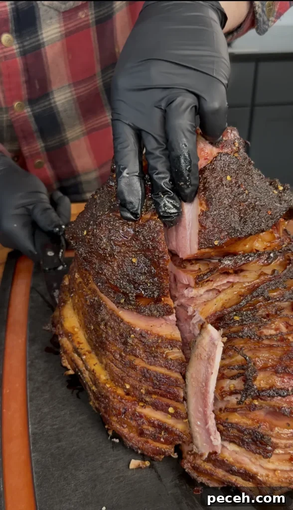 Classic Christmas Glazed Ham Recipe for Holiday Dinner 5 sliced christmas ham on a cutting board