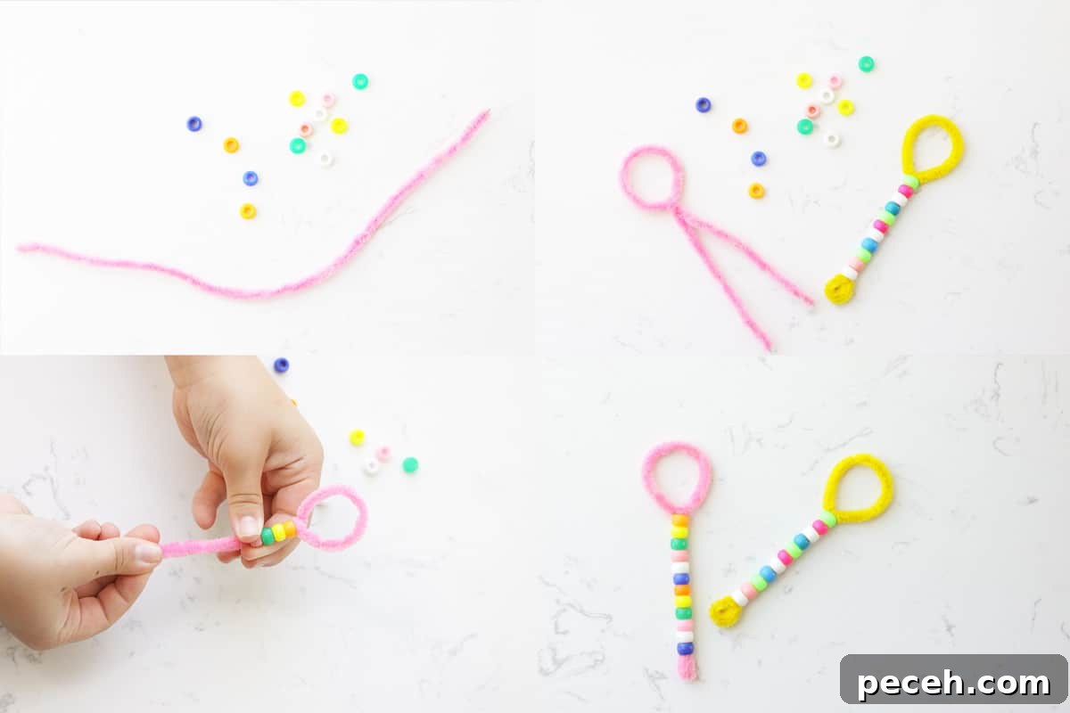 How to Make Long-Lasting Soap Bubbles with Glycerin 6 a handmade bubble wand made with a pipe cleaner and pony beads