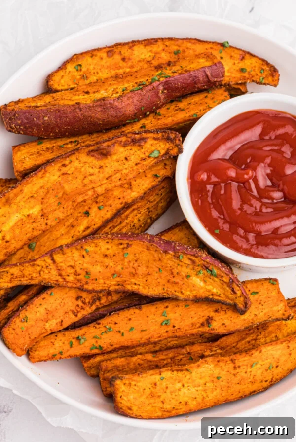 Overhead photo of sweet potato wedges made in the air fryer and served with a side of ketchup.