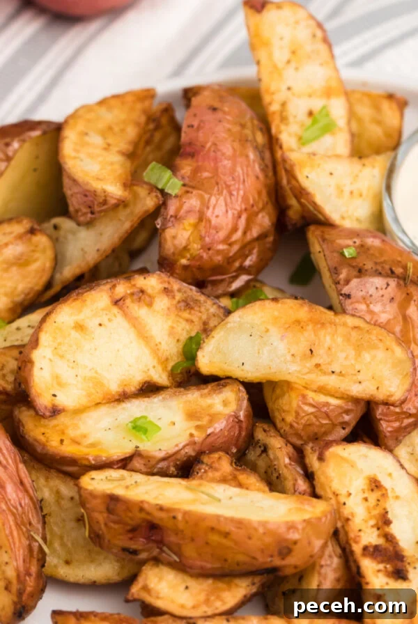 Seasoned air fried red potatoes on a white plate with dipping sauce, ready to eat.
