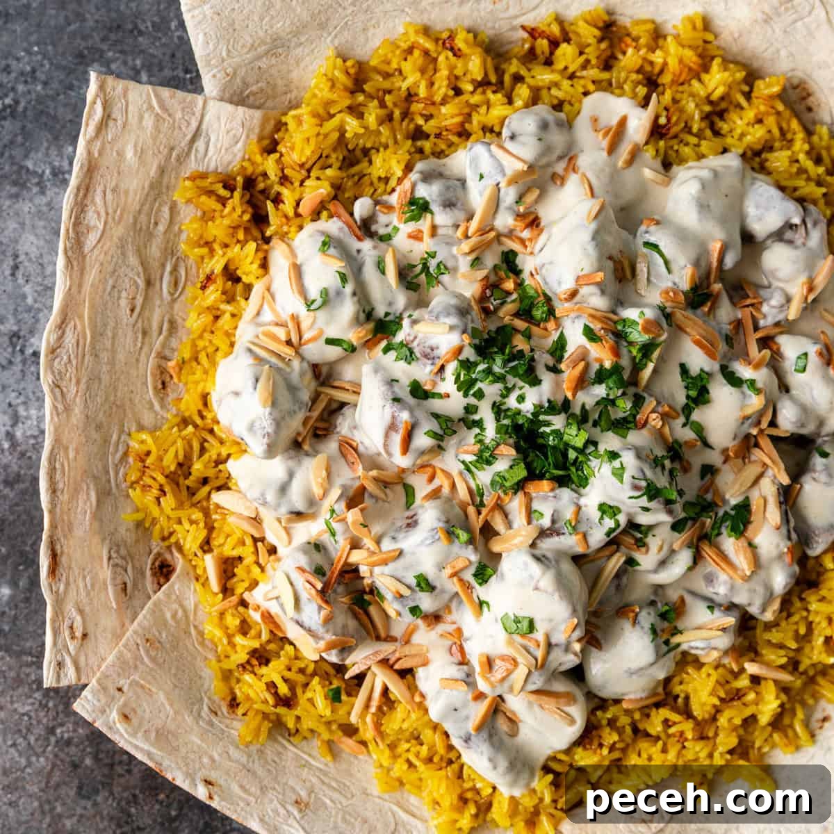 Authentic Jordanian Mansaf Recipe: Traditional Bedouin Feast 2 overhead: mansaf served on bread and topped with toasted almonds and parsley