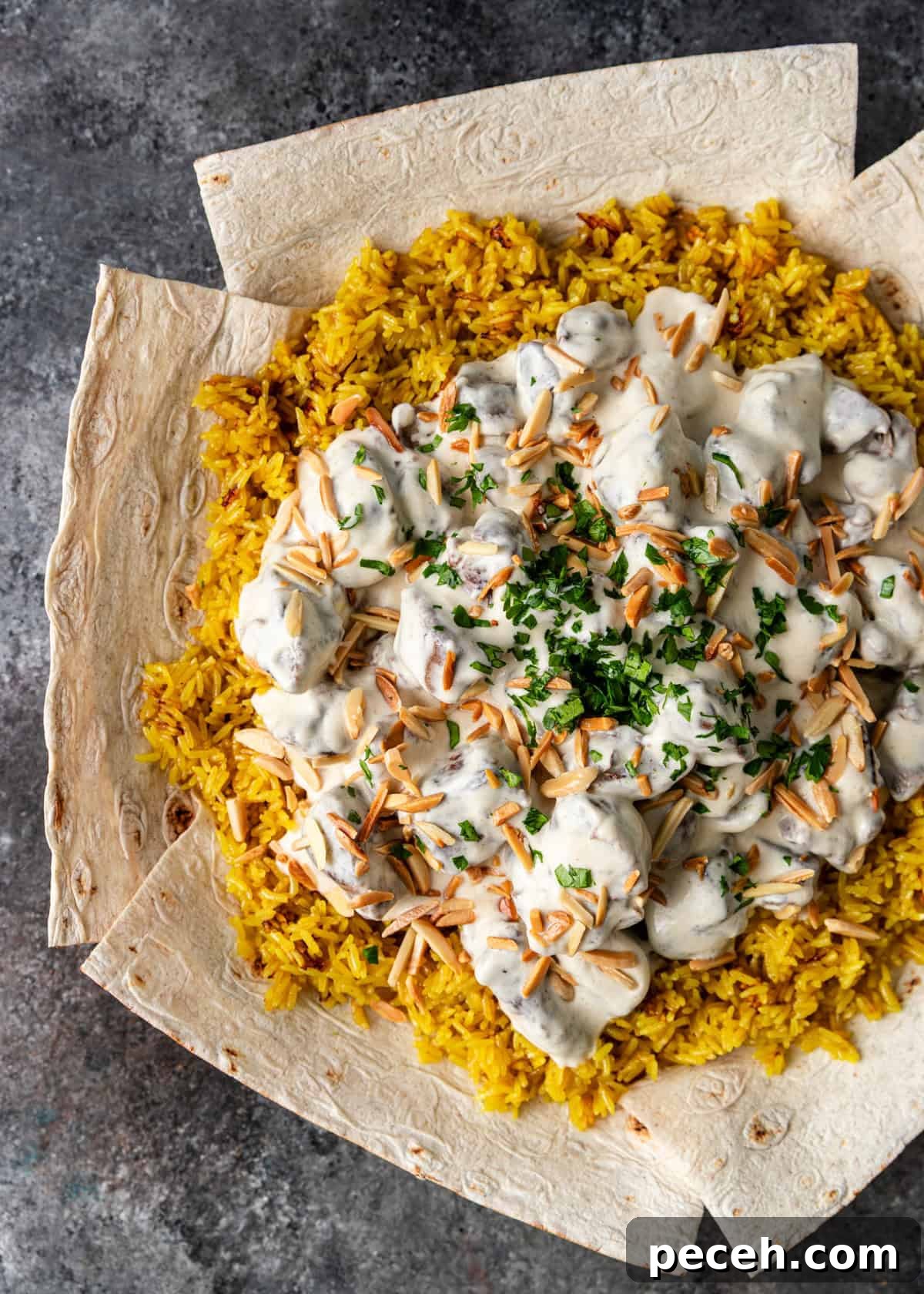 Authentic Jordanian Mansaf Recipe: Traditional Bedouin Feast 11 overhead: ready to serve mansaf