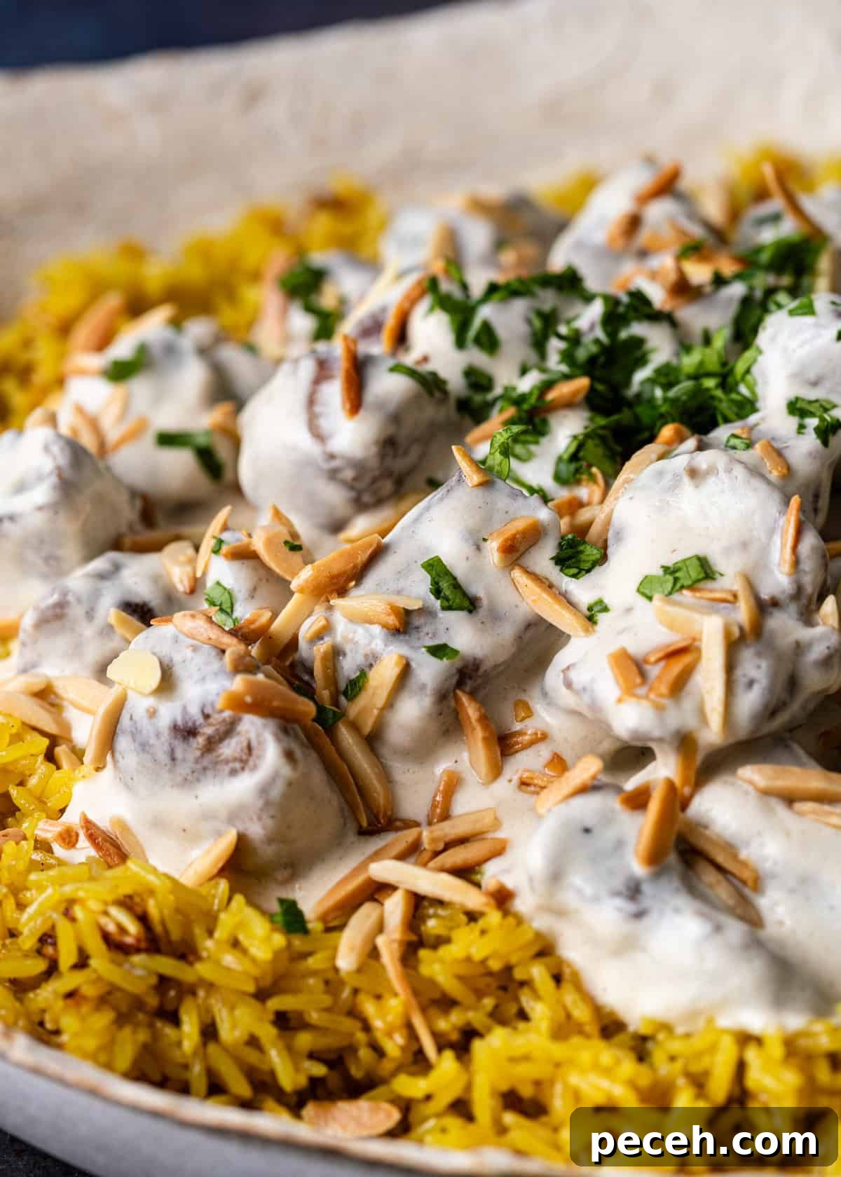 Authentic Jordanian Mansaf Recipe: Traditional Bedouin Feast 12 closeup side view: mansaf topped with toasted almonds and parsley