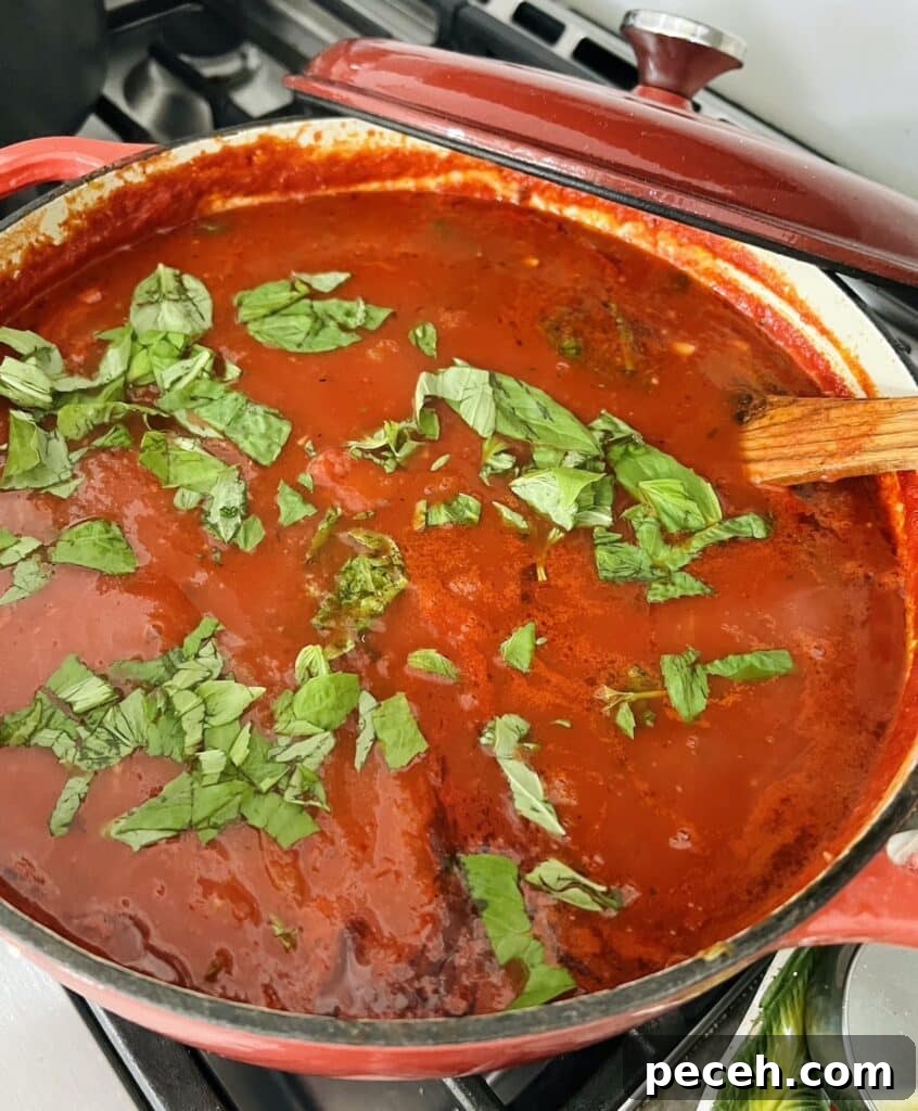 Authentic Meatless Sugo: Italian Tomato and Basil Sauce Recipe 6 Pot of sugo recipe topped off with fresh basil leaves.