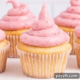7-Minute Frosting Recipe: Light, Fluffy Meringue Icing 4 a close up shot of cupcakes topped with Strawberry Cream Cheese Frosting
