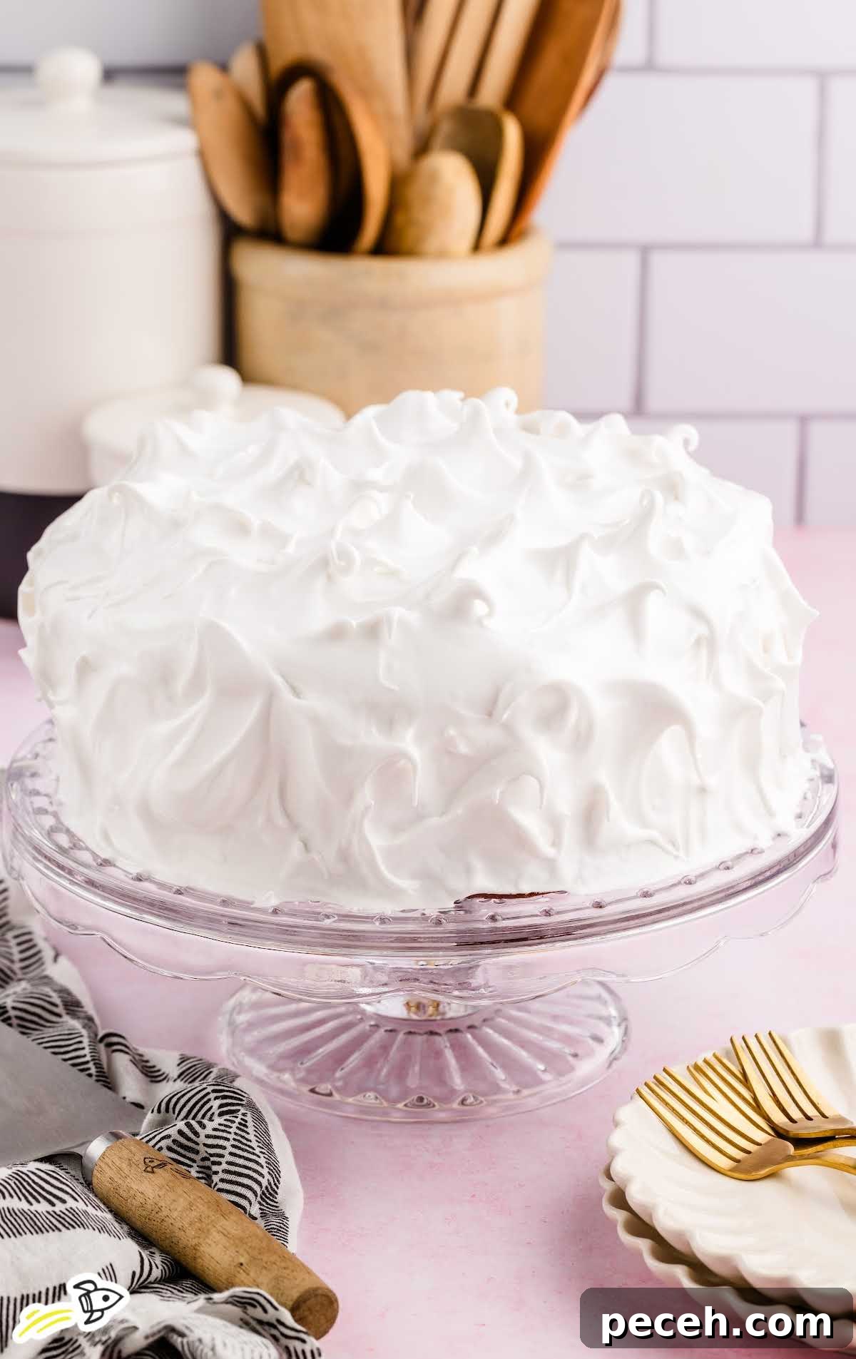 7-Minute Frosting Recipe: Light, Fluffy Meringue Icing 6 close up shot of 7 Minute Frosting on a cake