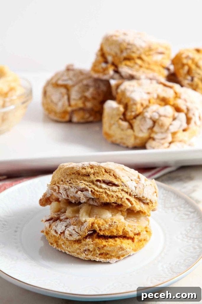 Vegan Pumpkin Biscuits with Maple Cinnamon Butter 2 Pumpkin Biscuit on a white plate in front platter of biscuits