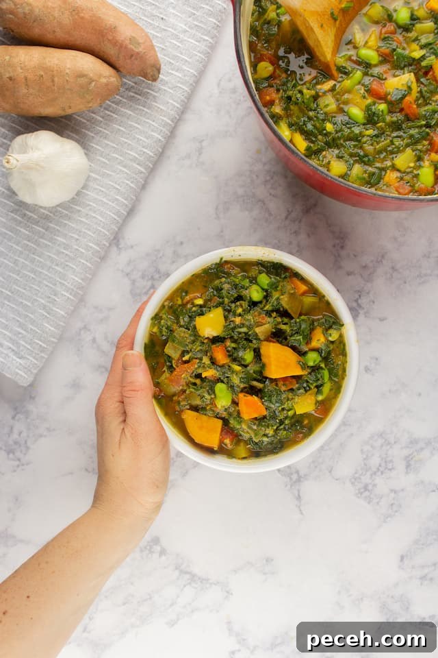Creamy Sweet Potato and Peanut Stew (Vegetarian) 5 Vegetarian Sweet Potato Peanut Stew Hand Holding Bowl Overhead