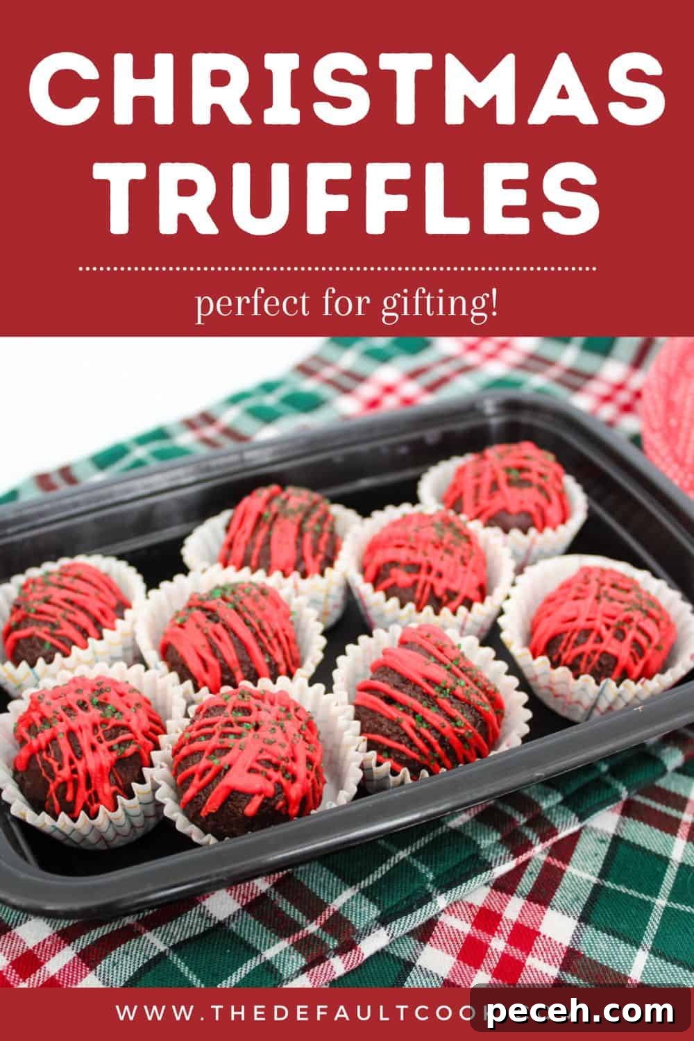 Decadent Christmas Truffles: Festive Homemade Chocolate Treats 11 Truffles drizzled with melted candy wafers and sprinkles in mini cupcake liners in a disposable tray, with text above reading "Christmas Truffles, perfect for gifting" and the website domain.