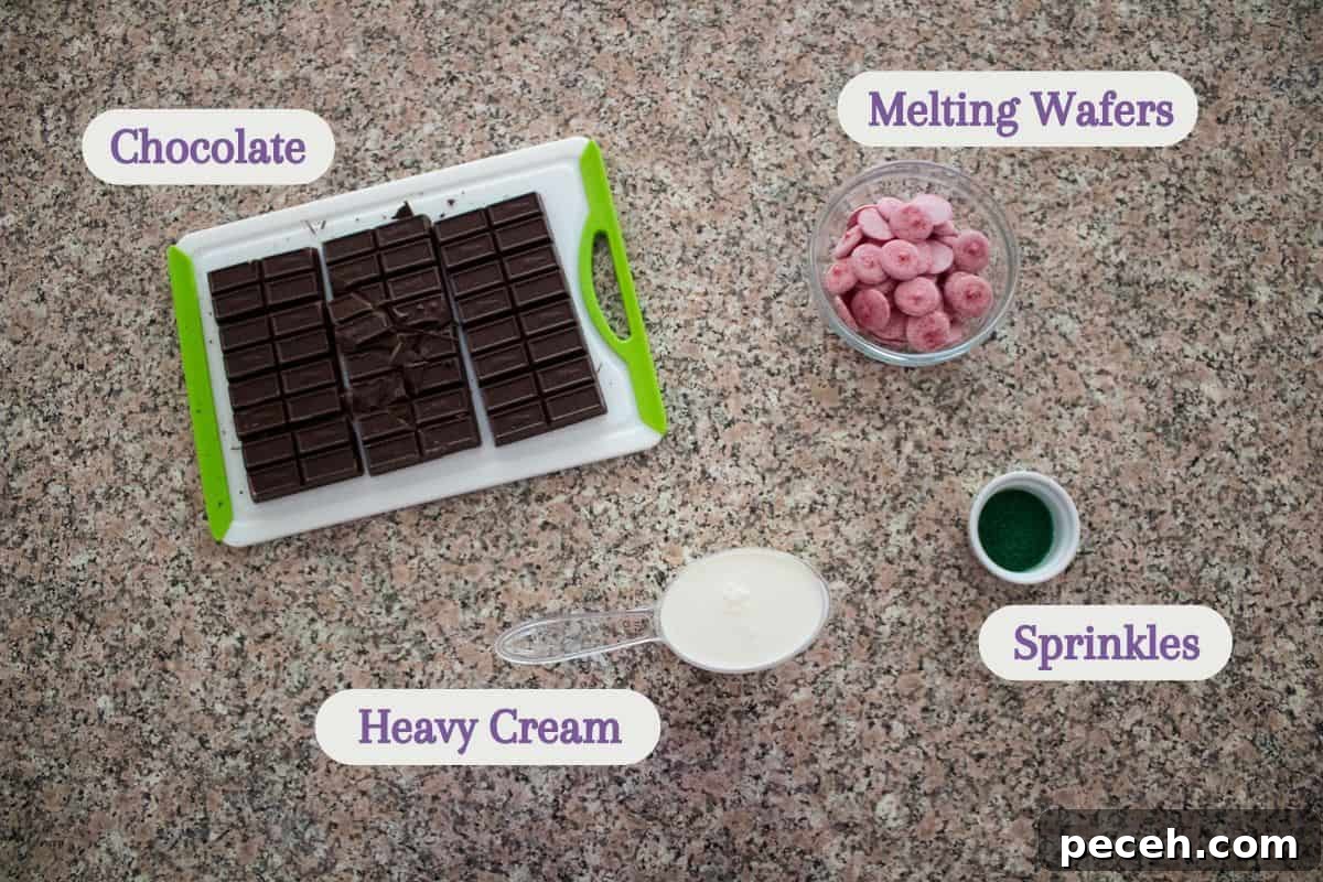 Decadent Christmas Truffles: Festive Homemade Chocolate Treats 3 Labeled ingredients on a kitchen counter: chocolate, melting wafers, heavy cream, and sprinkles.