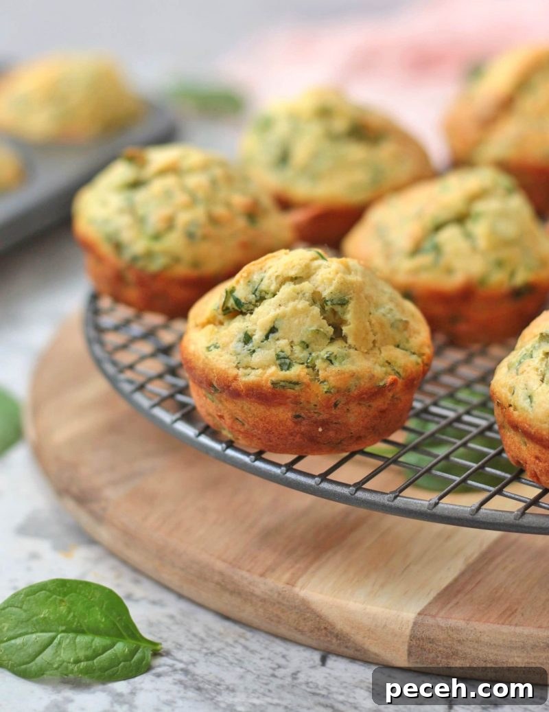 Savory Cheddar & Spinach Muffins Recipe for Quick Breakfast 4 Spinach Muffins on a cooling rack.