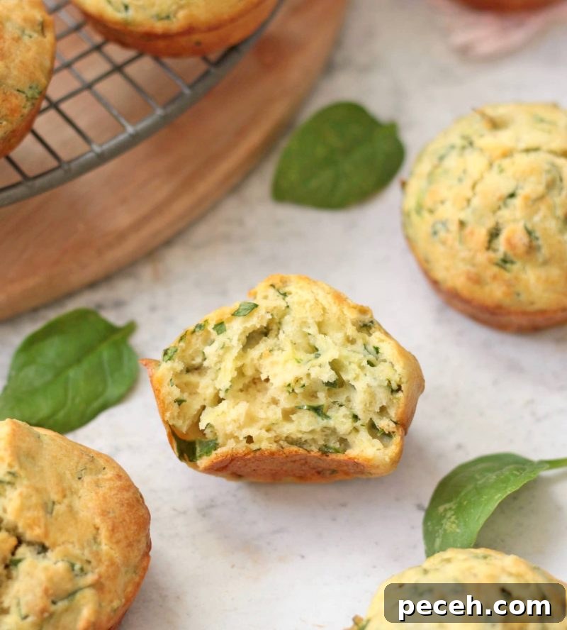 Savory Cheddar & Spinach Muffins Recipe for Quick Breakfast 5 Crumb shot of the savory muffin.