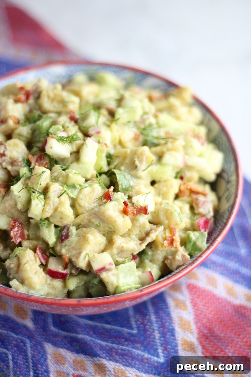 Paleo Plantain "Potato" Salad (AIP) - a lighter, healthier version of classic potato salad, made with green plantains, bacon, and dairy-free avocado ranch dressing! | fedandfulfilled.com