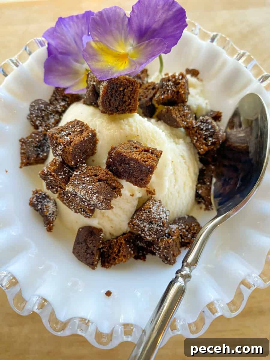Chewy Vegan Molasses Snap Cookies 3 A scoop of ice cream with diced molasses snap on top and a pansy flower and spoon.