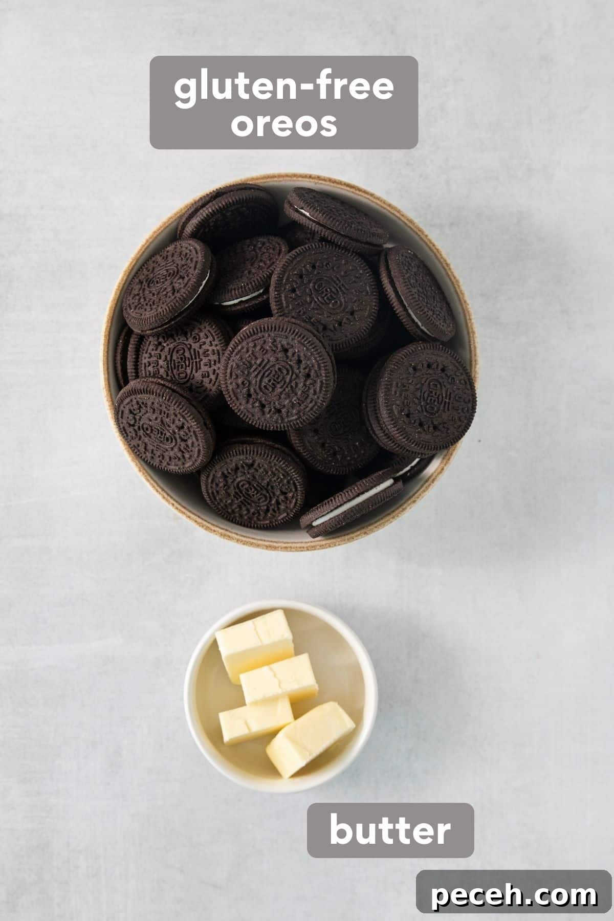 Oreo cheesecake crust ingredients on a countertop