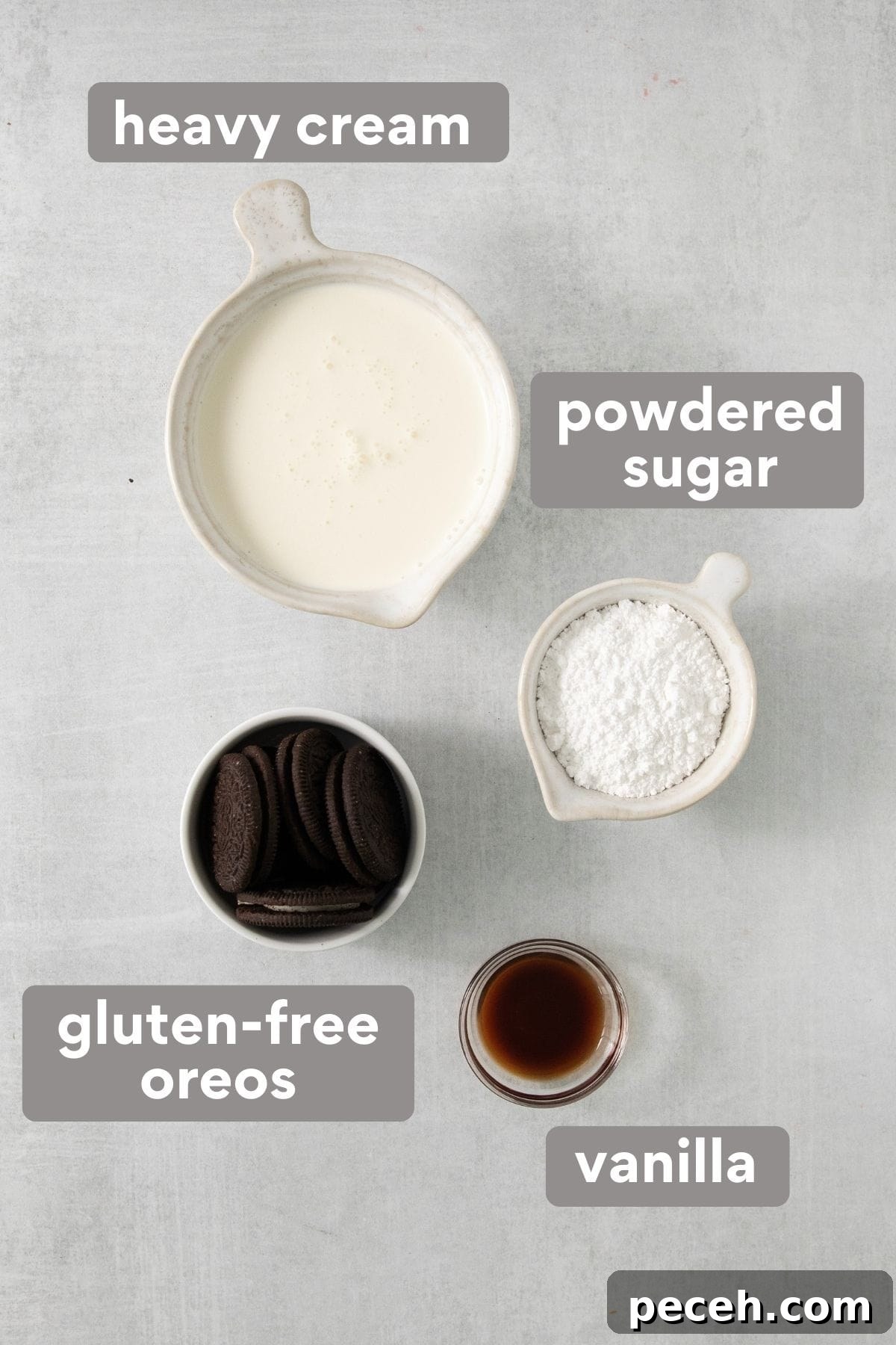 Oreo cheesecake topping ingredients on a countertop