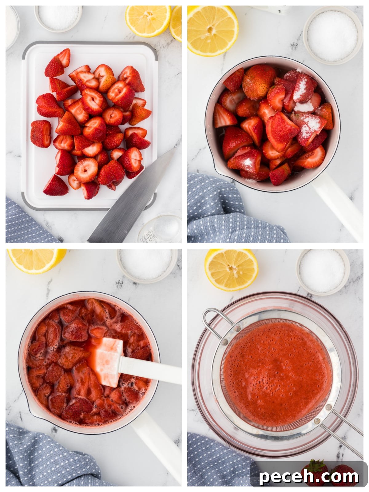 Silky Strawberry Coulis Recipe for Desserts and Drinks 4 A collage of images showing how to make the recipe.