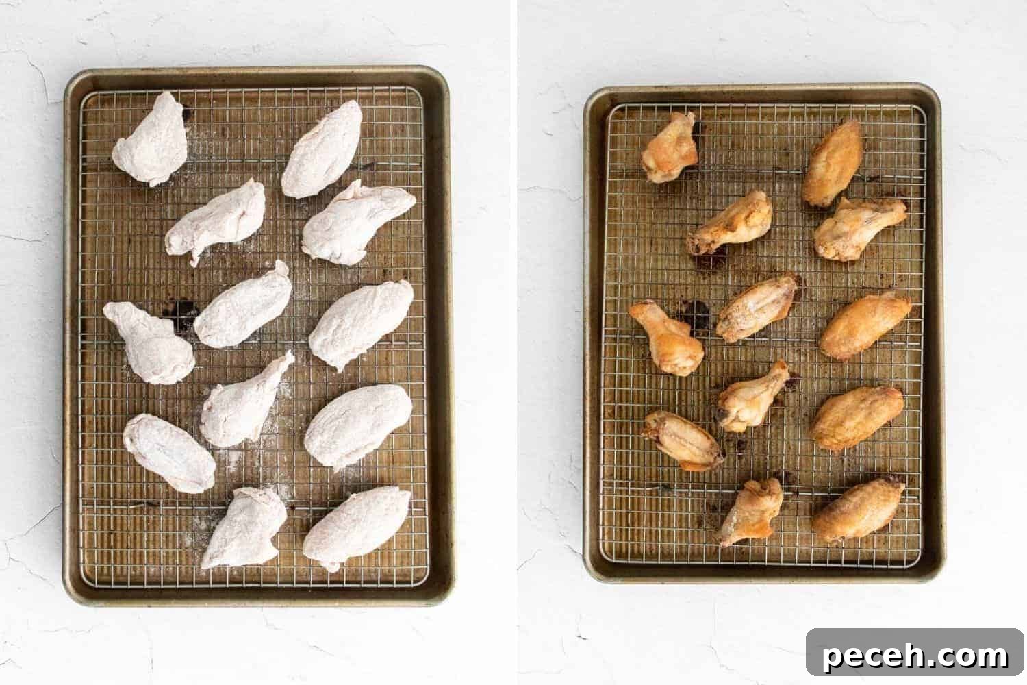 Chili Lime Chicken Wings with Tangy Dipping Sauce 4 Wing on a baking sheet, unbaked on left, baked on right.