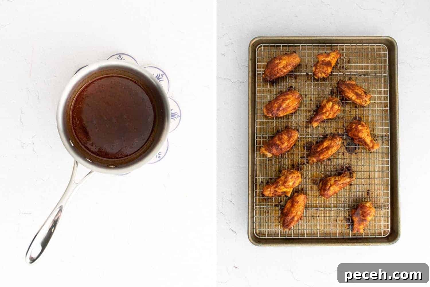 Chili Lime Chicken Wings with Tangy Dipping Sauce 5 Wing glaze in a pan on left, glazed wings on right.