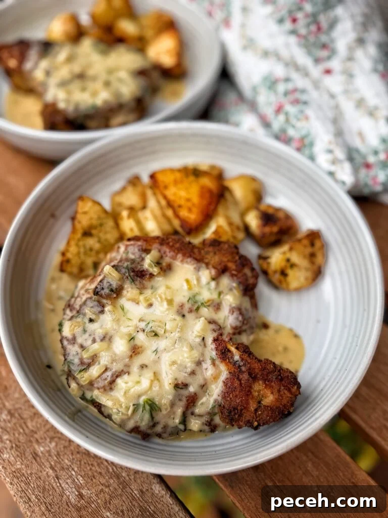 Pickle-Brined Fried Pork Chops with Creamy Dill-Dijon Gravy 2 Pickle Brined Fried Pork Chops with Creamy Dill Dijon Gravy and poatoes