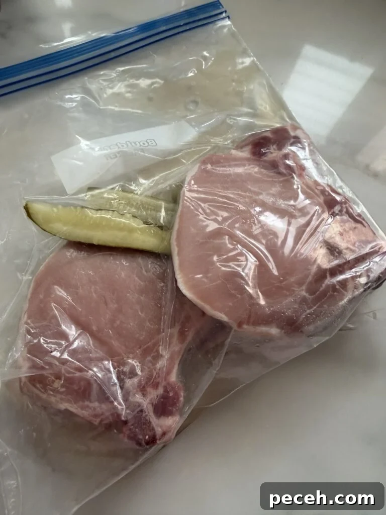 Pickle-Brined Fried Pork Chops with Creamy Dill-Dijon Gravy 3 Raw pork chops and pickle spears in a zip-top bag
