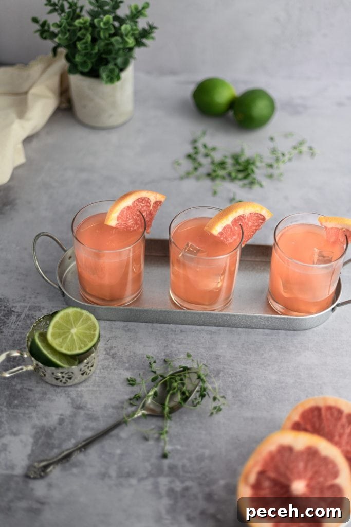Sparkling Grapefruit Crush: Refreshing Citrus Cocktail Recipe 3 Overhead shot of three crush cocktails on a metal tray, slices of grapefruit and lime and a spoonful of thyme scattered around them.