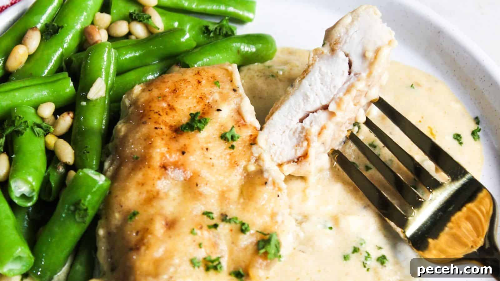 A fork cutting into a piece of chicken served with green beans and pine nuts on a white plate.