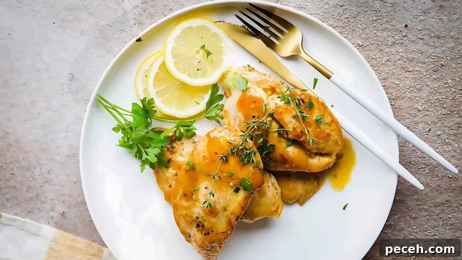 A plate of glazed chicken breasts garnished with fresh herbs, lemon slices, and parsley. A fork and knife are placed beside the chicken on the white plate.